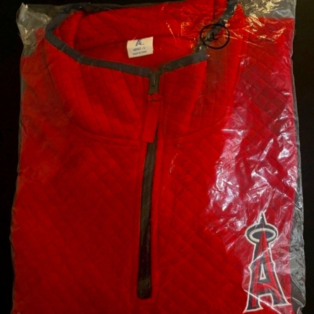 New Angels MLB Baseball Red Quilted Quarter Zip Pullover Jacket LAA Logo L
